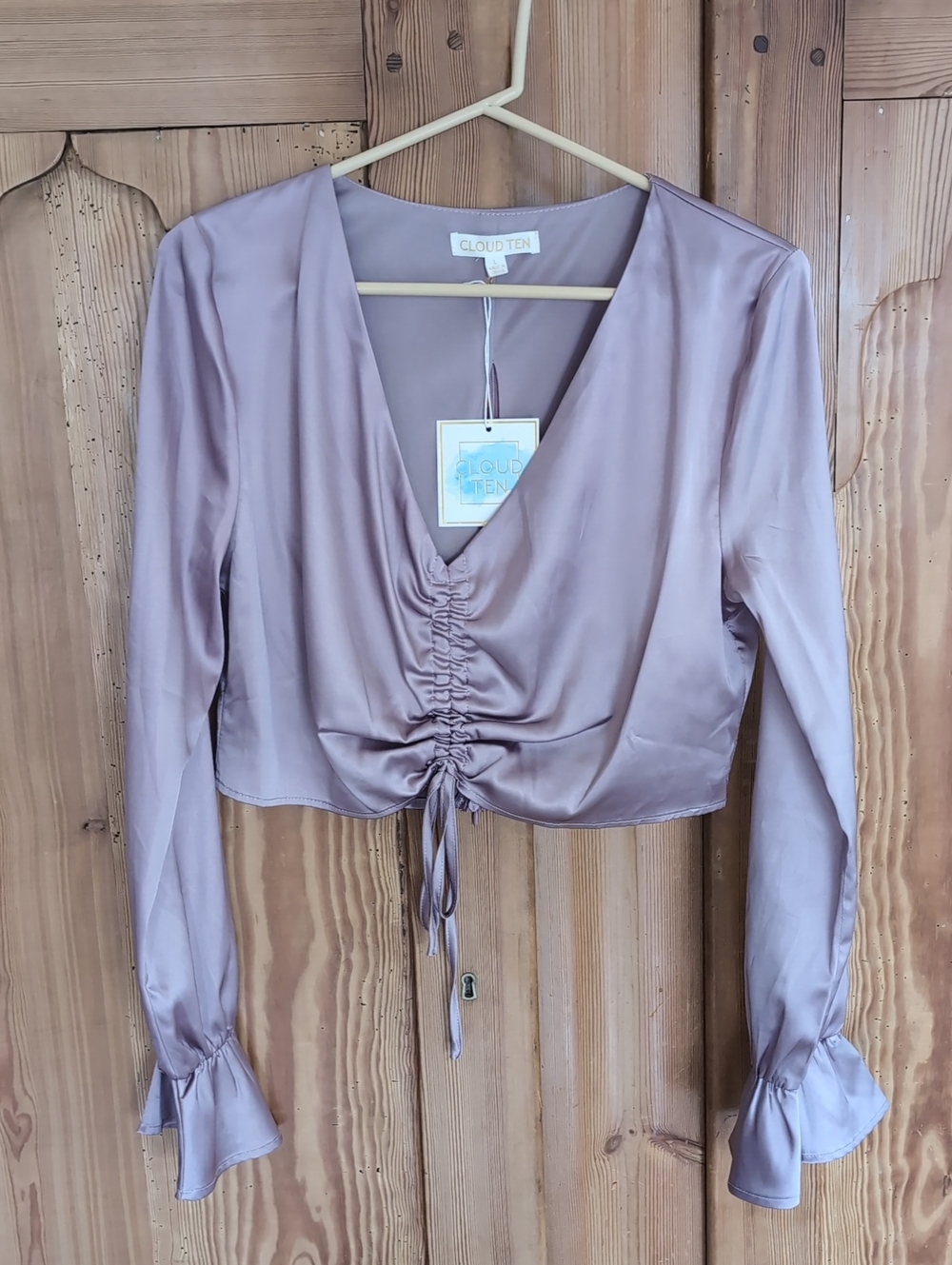 Cloud Ten Mauve Satin Ruched Tie-Front Long Sleeve Top